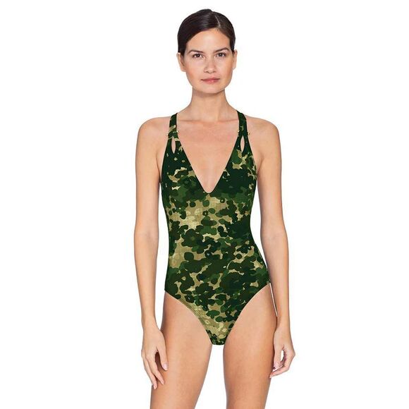 New. Robin Piccone Army camouflage plunge swimsuit. Regularly $168. Size 8 - Picture 2 of 14